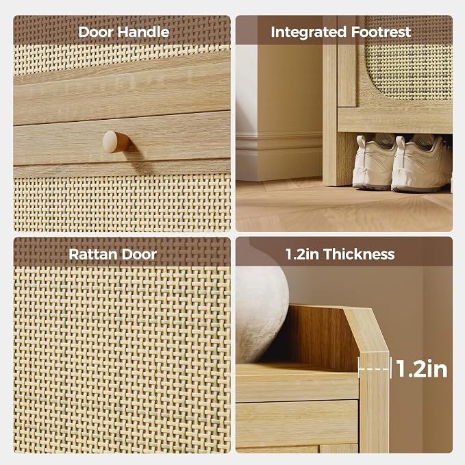 Shoe Cabinet Storage for Entryway with 2 Flip Drawers(3-Tier), Rattan Freestanding with Door & 3 Adjustable Shelve,Hidden Shoe Rack Organizer for Hallway, Foyer