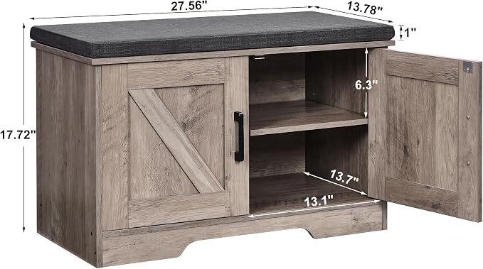 HOMSHO Farmhouse Shoe Storage Bench with 2 Barn Doors & Padded Seat Cushion | 27.6" Wide Entryway Bench with Adjustable Shelves & Hidden Storage, Greige