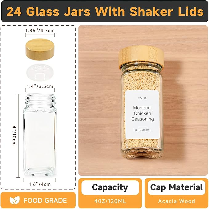 Bamboo Magnetic Spice Rack for Refrigerator, Space Saving Complete Set with 24 Bamboo Lid Glass Jars, 216 Waterproof Labels & Steel Funnel, Fridge Spice Organizer, 11.6" W x 2.4" D x 3.2" H