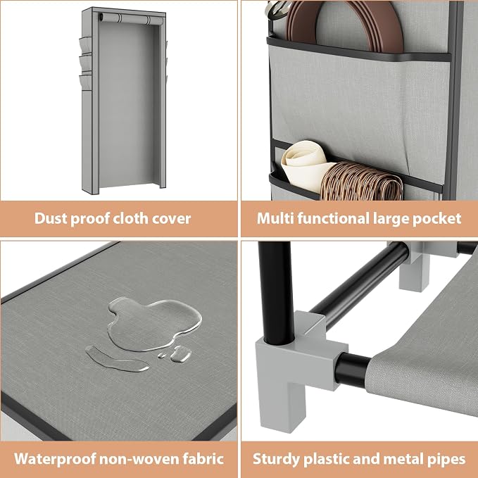 VTRIN Vertical Narrow Shoe Rack Organizer Tall Shoe Rack for Closet Entryway 10 Tier Non-Woven Cover Shoe Shelf Holds 36-41 Pairs Free Standing Shoe Storage Cabinet with Dustproof Cover, Grey
