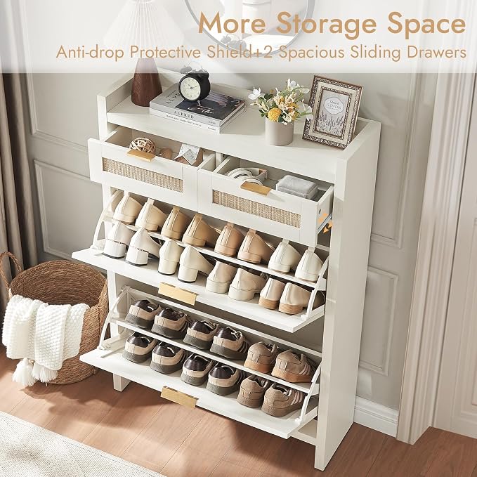 HOKYHOKY Rattan Shoe Storage Cabinet with 2 Drawers & 2 Flip Drawers | Hidden Slim Shoe Organizer, Farmhouse Boho Narrow Shoe Rack, Large Tabletop Space, Entryway, Rustic White