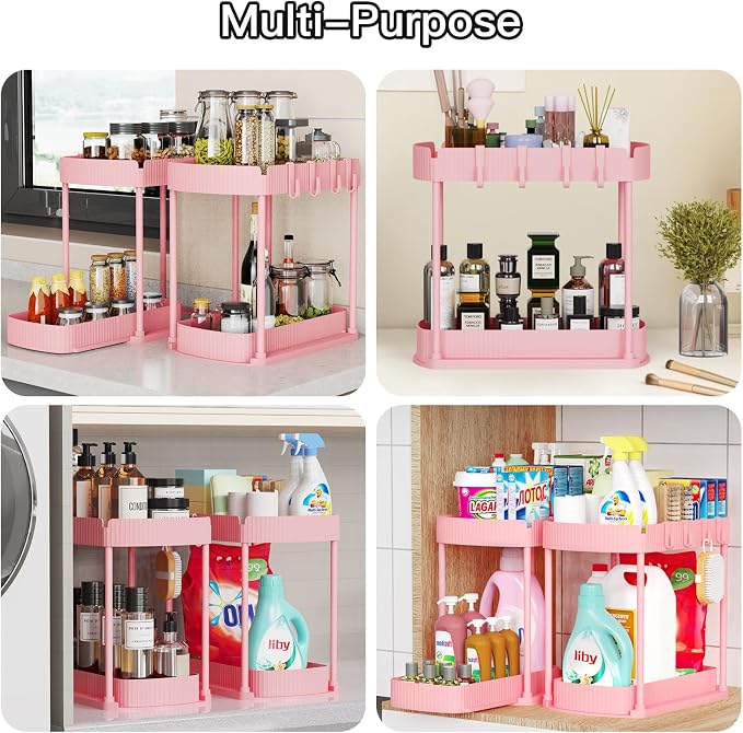 Ukeetap 2 Pack Multi-Purpose Pull-Out Storage Organizers, Under Sink Organizers and Storage for Bathroom & Kitchen, Under Cabinet Organizers and storage, 14.8 Inch, Pink