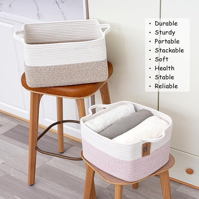 COMFY-HOMI 3PACK Cotton Rope Square Basket with Handles for Shelves| Storage|Baby Basket for GIF|Shoe Basket for Organizing|New13.5" x 11" x 9.5" for Living Room