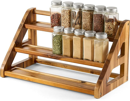 Tinamo Acacia Wood Spice Rack for Countertop - Wooden Tray Holds 24 Jars Spice Racks Organizer for Storage Shelf - 3 Tiered Spice Rack Organizer for Cabinet - Spice Shelf for Kitchen Pantry (Acacia) | Acacia Wood, 3-tier Spacious Design for 24 Spice Ja...