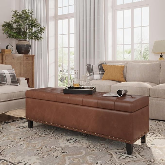 FiveWillowise 51 Inch Storage Ottoman Bench,Large End of Bed Storage Bench | Faux Leather Ottoman with Storage,30 Gallons,Upholstered,with Nailhead Trim,Legs,for Bedroom,Living Room,Entryway,Brown