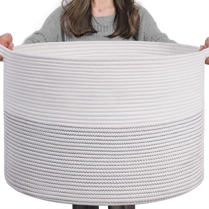 INDRESSME XXXLarge Woven Rope Blanket Basket Living Room White, 90L | 21.7" x 13.8" Storage baskets for toys laundry & pillows. Fits living room, bedroom or nursery décor. Soft-touch with handles