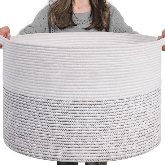 INDRESSME XXXLarge Woven Rope Blanket Basket Living Room White, 90L | 21.7" x 13.8" Storage baskets for toys laundry & pillows. Fits living room, bedroom or nursery décor. Soft-touch with handles