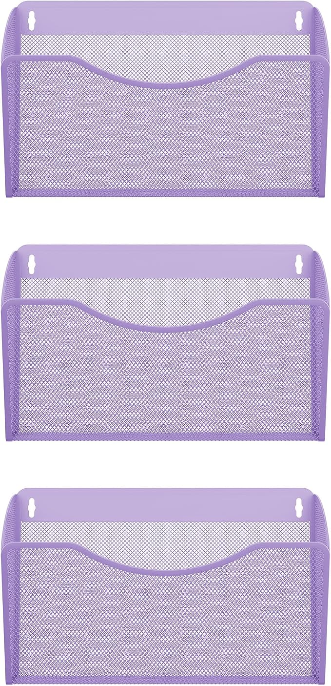EasyPAG 3 Pack Wall File Organizer, Metal Mesh Hanging File Folder Holder for Letter/A4 Size Folders, Vertical Wall Mount Mail Sorter for Office Paperwork, Classroom, Purple