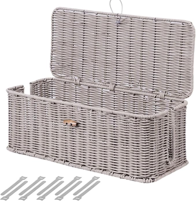 BROWNLILY Cable Management Box, Rattan Style Cord Organizer for Desk Cord Hider Outlet Covers for Power Strip TV PC Router Charger Under Desk Storage with Lockable Lid and Cable Ties