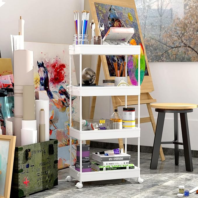 SPACEKEEPER 4 Tier Rolling Cart, Bathroom Cart Organizer with Wheels, White | Mobile Storage Cart for Laundry Room Organization,Kitchen,Office,Bathroom, Utility Cart for Snack,Craft,Art,Makeup,Nail,Toys