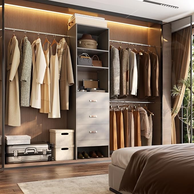 Besiost 96'' Closet Organizer System with 3 Hanging Rods, 8FT Closet Organizers and Storage with 3 Wooden Drawers, Built in Closet Organizer Systems, Adjustable Walk-in Wardrobe from 5-8FT, Grey