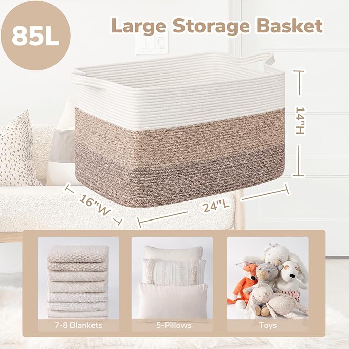 Goodpick Large Woven Blanket Basket 23.6" x 15.7" x 13.8" Cotton Rope Storage Organizer for Dirty Clothes Pillows, Soft Toy Storage Basket for Nursery Home Decor, White & Light Brown