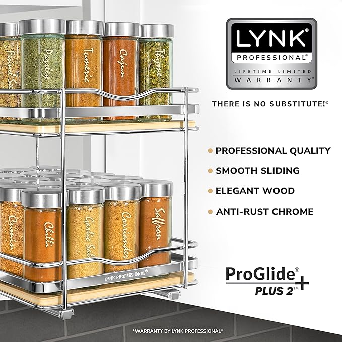 LYNK PROFESSIONAL® Élite™ Pull Out Spice Organization for Cabinets - 8-3/8 inch Wide – Spice Rack for Inside Cabinets – Wood/Chrome - Sliding Spice Rack Organizer for cabinet – Spice Rack - 2 Tier
