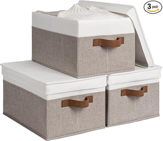 StorageWorks Fabric Storage Bins with Lids, Decorative Storage Bins with PU Handles, Foldable Storage Baskets for Closet, Shelves, Stackable and Sturdy Organization, Brown and White, Large, 3-Pack