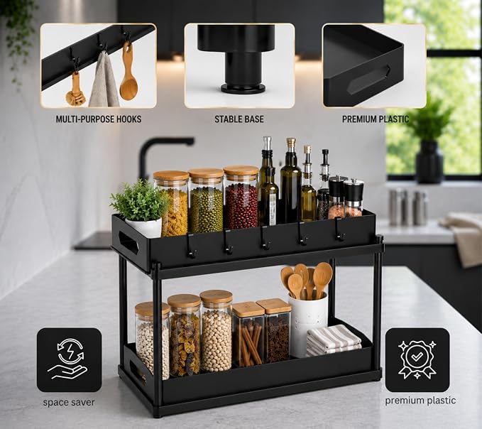 2 Pack Under Sink Organizer, Pull-Out Cabinet Storage Organizers for Bathroom & Kitchen, Multi-Purpose Under Counter Shelf Rack for Cleaning Supplies, Bottles & Toiletries, Cabinet Organizer-Black