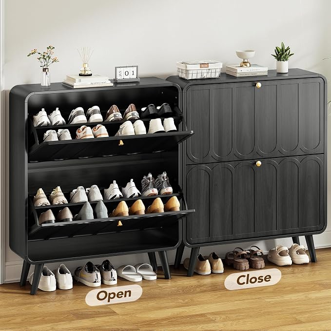 Decofy Shoe Cabinet with 2 Flip Drawers, Expanded Panel for Long Footwear, Freestanding Shoe Storage Cabinet with 3-Gear Adjustable Shelves, Narrow Shoe Cabinets for Entryway, Solid Wood Legs, Balck | 31.5''W; Wider Panel; 2 Flip-Down Drawers; Adjustab...