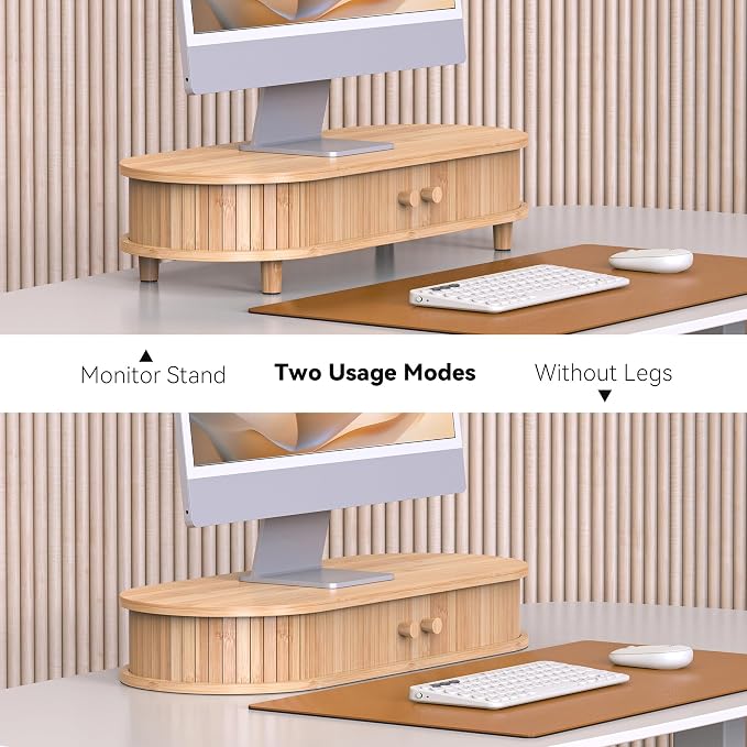 Bamboo Monitor Stand with Storage, 25 Inch Desk Shelf Riser | Curved Computer Laptop Stand Desk Shelf Organizer with Sliding Doors for 47-55 Inch Desk