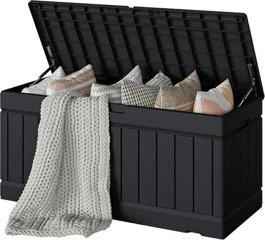 Devoko 78 Gallon Deck Box, Waterproof Resin Outdoor Storage Box | Outdoor Storage Bench Lockable for Outside and Patio Furniture, Garden Tools and Pool Supplies