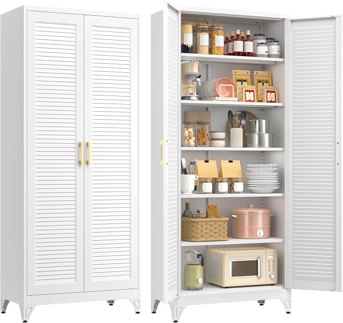Polup 75" Pantry Cabinet, Tall Metal Storage Cabinet with Doors and Shelves | White Kitchen Cabinet, 5 Adjustable Shelving, Heavy-Duty Steel, Louvered Doors, Gold Handles, for Garage Office & Laundry