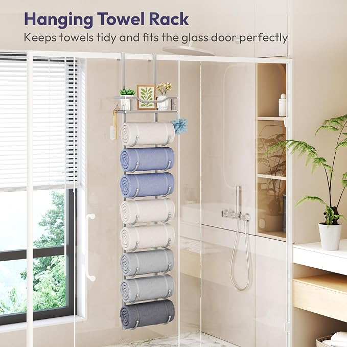 SWTYMIKI Over the Door Towel Rack - 9 Tier Towel Racks for Bathroom Wall Mounted, Towel Holder with Shelf, Hanging Rolled Towel Storage Organizer for Small Bathroom, Camper, RV, Sliver