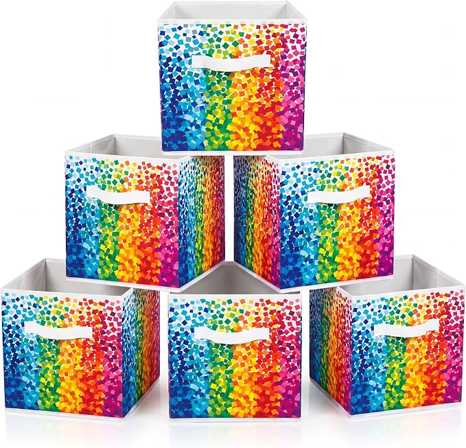 6 Pcs 11 Inch Multicolor Fabric Storage Cube Bin Woven Foldable Storage Cubes for Classroom Basket Bin Classroom Organizer with Handle Decor for Organizing Clothes, Toys, Books