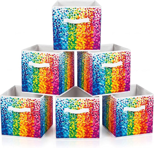 6 Pcs 11 Inch Multicolor Fabric Storage Cube Bin Woven Foldable Storage Cubes for Classroom Basket Bin Classroom Organizer with Handle Decor for Organizing Clothes, Toys, Books