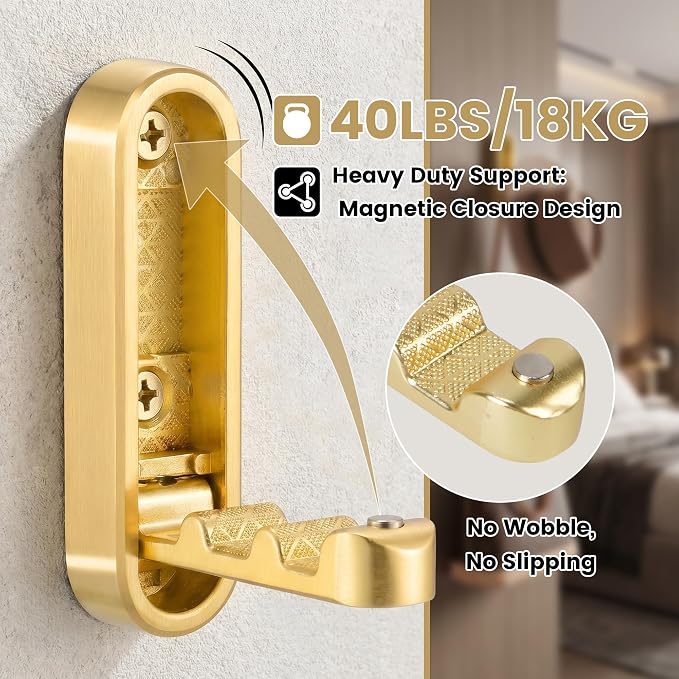 6PCS Foldable Wall Hooks, Zinc Alloy Flip Down Hooks, Retractable Wall Hooks for Bathroom, Entryway, Hanging Coats Hats Bags Keys (Gold)