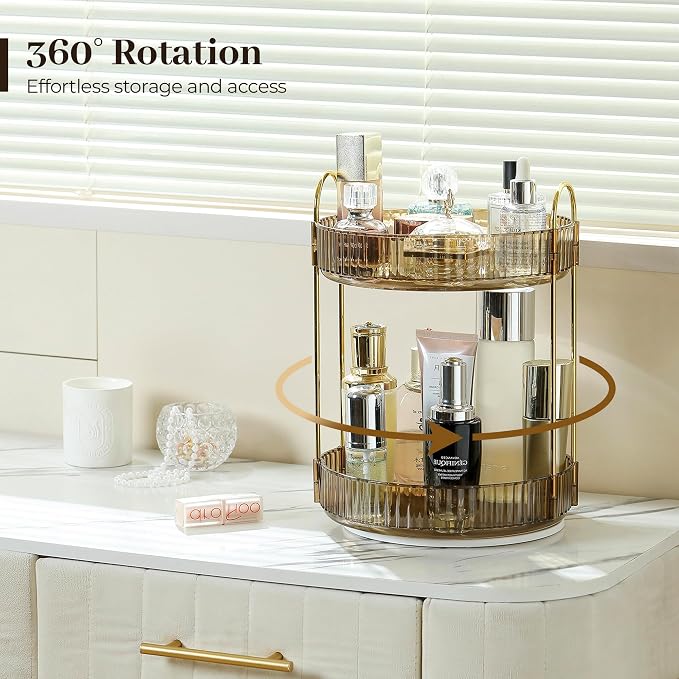 Aveniee 360 Rotating Makeup Organizer for Vanity, Perfume Sincare Organizers Bathroom Countertop Storage, Clear Cosmetics Lipstick Holder for Dresser,2 Tiers, Brown