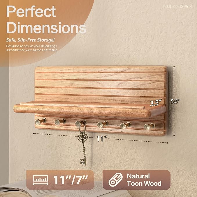 Rebee Vision Cedar Wood Key Holder Wall Mount for Room Decor, Natural | Key Holder for Wall, 6 Key Hooks, Floating Shelf, Plant Display, Mail Organizer, Farmhouse Home Decor Solution