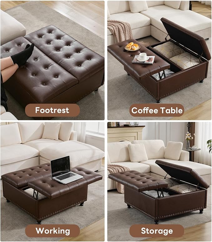 Tbfit Large Square Storage Ottoman Bench, Tufted Upholstered Coffee Table Ottoman with Lift Top & Solid Wood Legs, Oversized Storage Ottomans Toy Box for Living Room (Dark Brown)