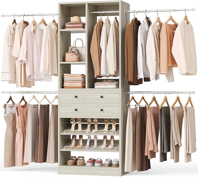 Besiost Closet System, 4.2–8.8 FT Closet Organizer with 2 Wooden Drawers and Shelves, Walk-in Closet System with 5 Hang Rods, Built-in Reach in Closet Tower, Can Fit 60 to 96 inch, Greige Oak