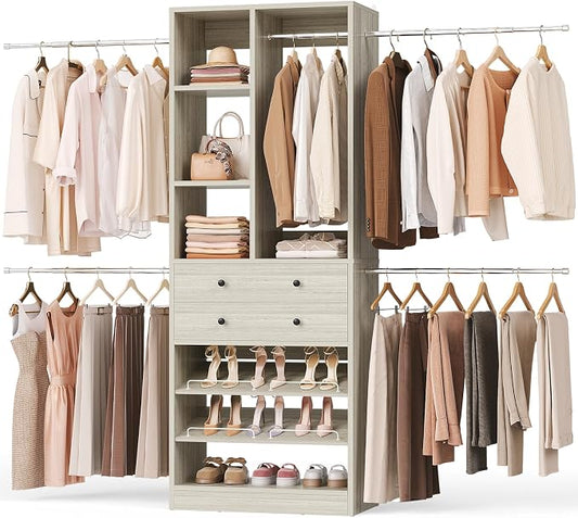 Besiost Closet System, 4.2–8.8 FT Closet Organizer with 2 Wooden Drawers and Shelves, Walk-in Closet System with 5 Hang Rods, Built-in Reach in Closet Tower, Can Fit 60 to 96 inch, Greige Oak
