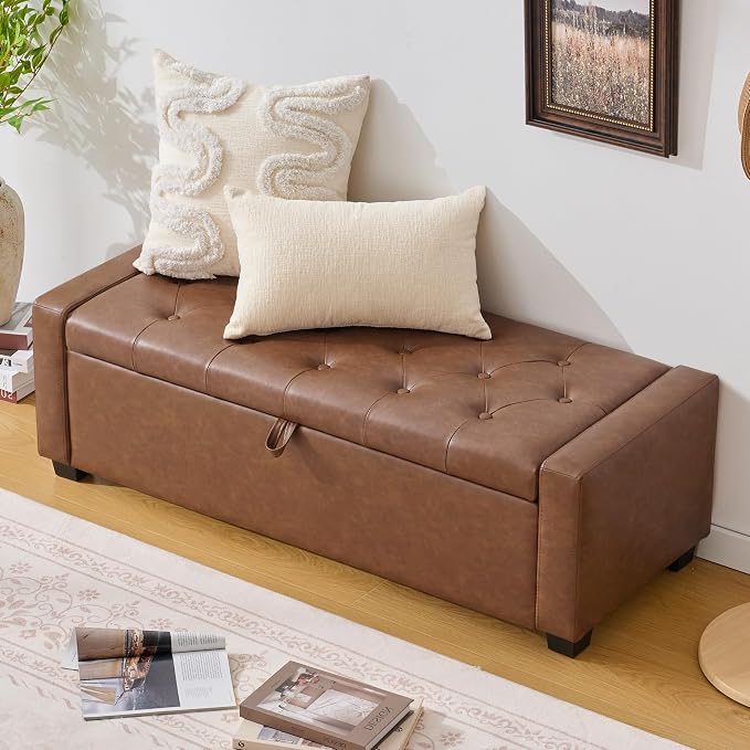 Huatean Home 48" Ottoman with Storage, Brown Storage Ottoman Bench | Upholstered Entryway Bench with Seating for Bedroom, Living Room with Safety Hinge, Holds up to 330 lb