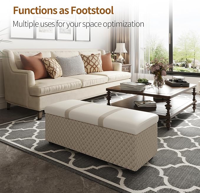 38" Multicolor Faux Leather Storage Ottoman Bench | Solid wood frame bench, 4-leg easy assembly. Use as end-of-bed, footrest, entryway seat. Hinged hidden storage, multi-use.