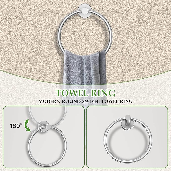 6-Piece Towel Bar Set Brushed Nickel Bathroom Hardware Accessories Set Includes 23.6in Towel Bar 2 Round Towel Ring Stainless Steel Wall-Mounted