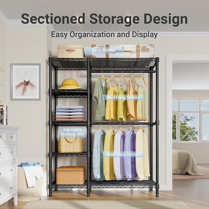 VIPEK V7 Garment Rack for Hanging Clothes Heavy Duty Clothes Rack with Shelves, Portable Closet Racks Metal Clothing Racks 5 Tiers Freestanding Closet Wardrobe System, Max Load 670lbs, Black