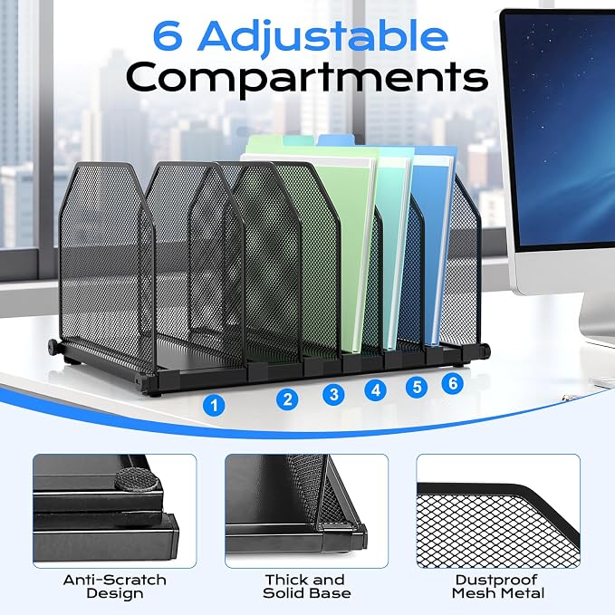 Adjustable File Organizer for Desk, 6 Sections Vertical File Folder Holders | Desktop Binder Organizer, Mesh Desk Organizer Upright File Sorter, Metal File Rack for Home Office Classroom School