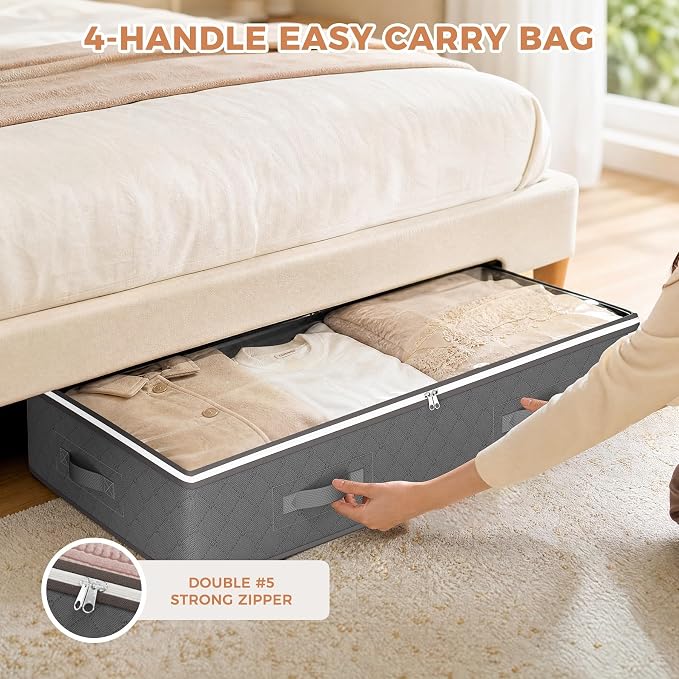 Budding Joy Under Bed Storage Containers, Storage Bins with Clear Lids | 4 Pack foldable organizers for clothes, blankets, shoes, bed sheets, comforter, wrapping paper, dorm storage