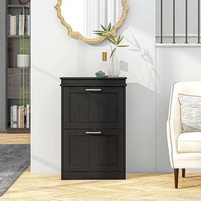 HOMCOM Narrow Shoe Cabinet with 2 Flip Drawers, Modern, for Entryway, Black | Freestanding Small Shoe Storage Cabinet, Adjustable Shelves, Hallway