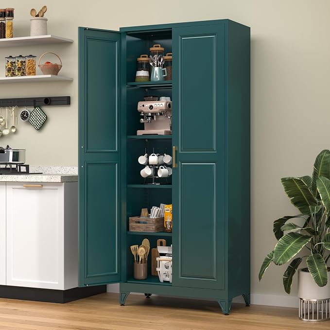75" Tall Green Metal Storage Cabinet with Doors, Heavy Duty | Freestanding Steel Kitchen Pantry Cabinet, 4 Adjustable Shelves (180 Lbs Load), Tall Cabinets for Home, Office and Garage