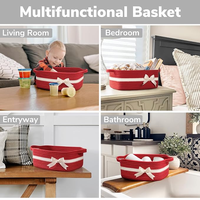 CHICVITA Small Woven Rope Gift Basket,Decorative Christmas Basket, Red | 13" x 10" x 5", Toys, Towels, Baby Essentials & Party Supplies Organizer, Shelf & Living Room Storage, Built-In Handles