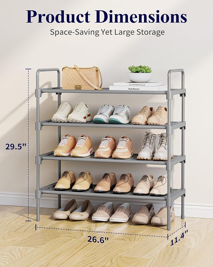 Kitsure Shoe Rack for Closet, 26.6" Wide - 4 Tiers, Grey | Shoe Organizer for Front Door Entrance, Stackable Shoe Shelf, Closet Organizers and Storage