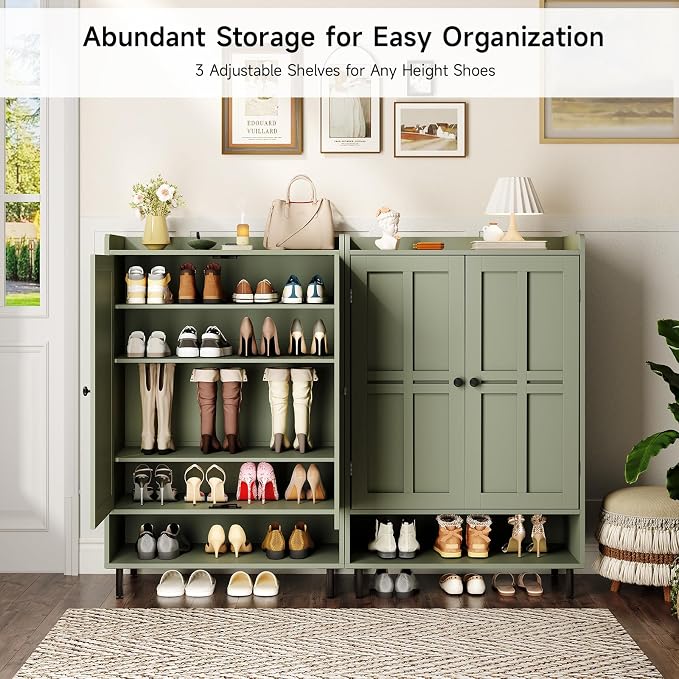 ONBRILL Shoe Cabinet with Cross Molding Doors, 6-Tier Shoe Storage Cabinet with 3 Adjustable Shelves and Metal Legs, 45'' Tall Shoes Rack Organizer Cabinet for Entryway, Front Door, Green