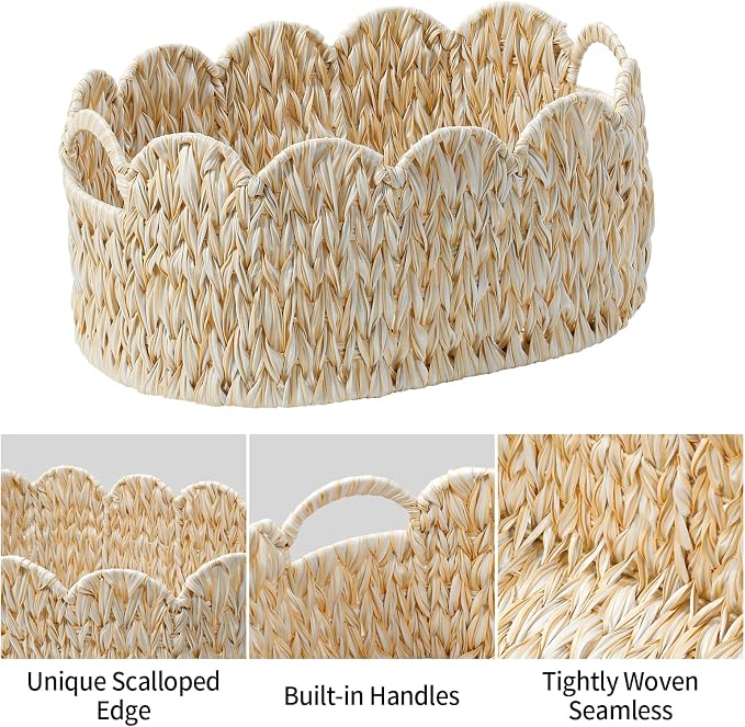 Coeusy Wicker Scalloped Basket Set of 2,Woven Storage Baskets for Shelves,Closet,Laundry,Gifts,Towels,Books,Toys,Waterproof Boho Decor Basket for Organizing