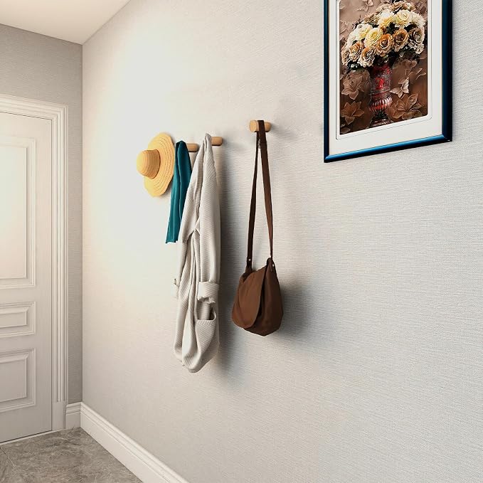 bsdonte Wood Wall Hooks, 4 Pack Natural Wooden Coat Hooks Wall Mounted, Rustic Hat Hooks, Heavy Duty Entryway Wall Hangers for Hanging Purse, Towels, Clothes, Backpack