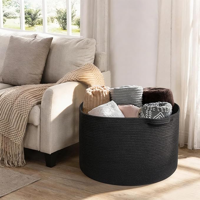 Large Black Blanket Basket, 22" X 22" X 14" Woven Rope Bin for Storage, Kids Dog Toy Storage Box Organizer Bins, Blanket Holder for Living Room, Decorative Wicker Basket for Organizing