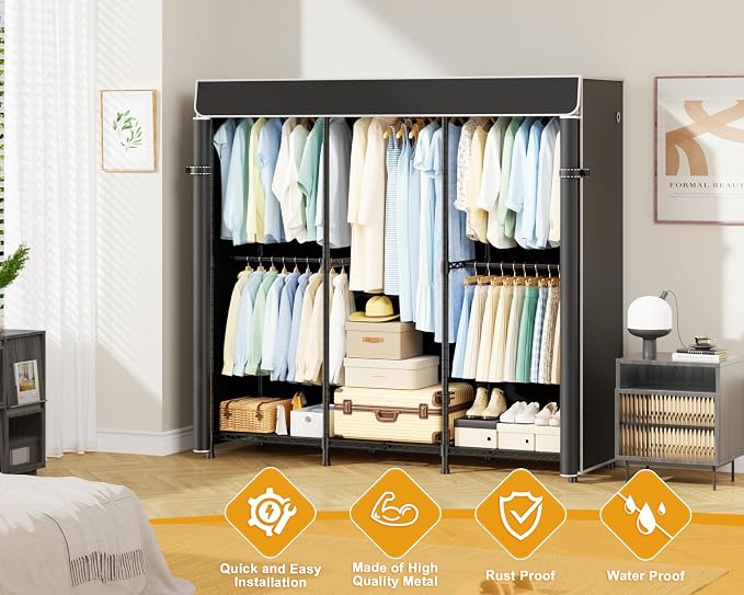 E14C Heavy Duty Closet Organizer System，Freestanding Clothing Racks for Hanging Clothes，Adjustable Garment Rack 58" W × 16" D × 77" H Hold 860 lbs，Black Rack with Black Dustproof Cover