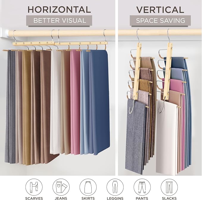 MORALVE Pants Hangers Space Saving - 4 Pack European Beechwood Scarf and Jean Hangers - Closet Organizer and Space Saver Pant Rack, Leggings Hanger, and Scarf Holder with 360° Swivel Hook