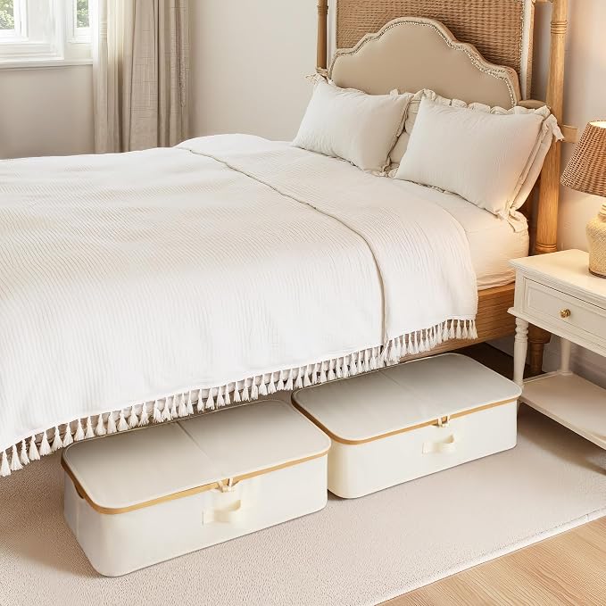 StorageWorks Underbed Storage Containers with Lids, 2-Pack 7" Low Profile Under Bed Storage Box with Bamboo Frame for Clothes, Bedding, Blankets and Shoes, 42L Sturdy Fabric Organizer, Beige