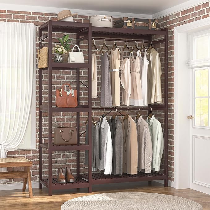 Bamboo Clothes Rack Garment Rack for Hanging Clothes, Heavy Duty Clothing Rack with 7 Tiers Adjustable Shelves, Double Rods, 4 Hooks, Freestanding Closet System Organizer Wardrobe, Espresso